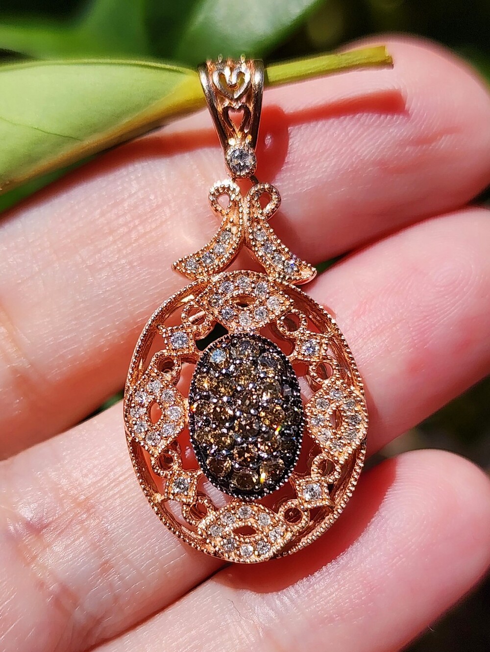 $3,100- EFFY 14Kt BH Effy Cognac & White Diamond Filigree Pendant In Rose Gold